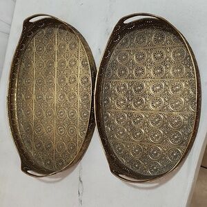 ORNATE GOLD METAL DECORATIVE TRAY SET with HANDLES